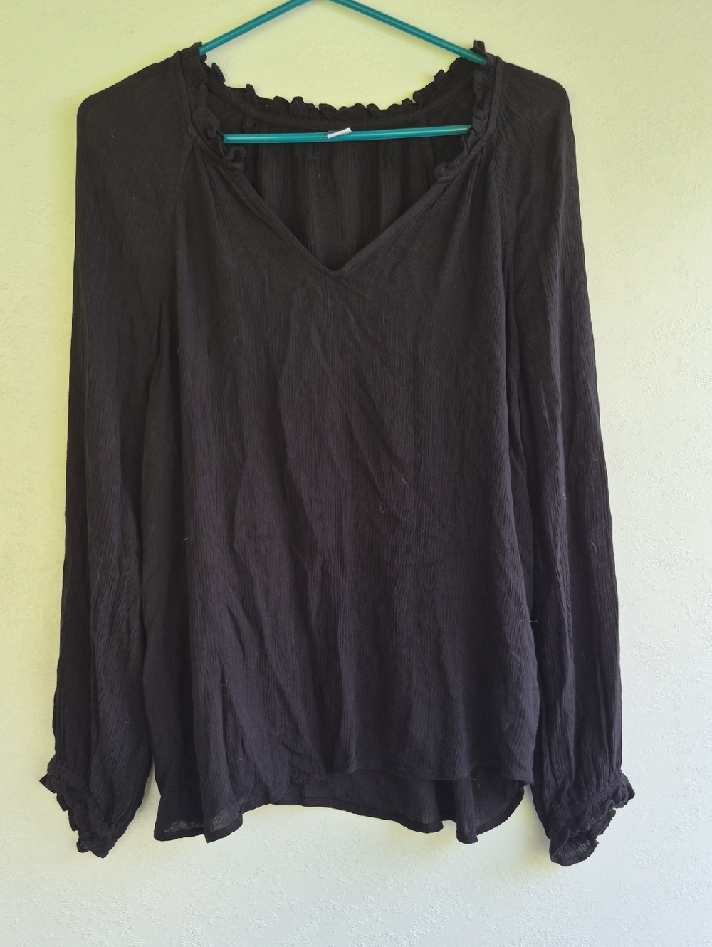 Black V-Neck Long Sleeve Ruffle-Trim Blouse